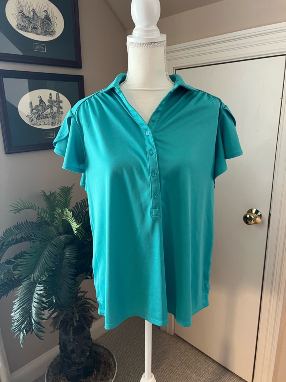 Chico's Teal Button-Front Short Flutter Sleeve Shirt Size 3